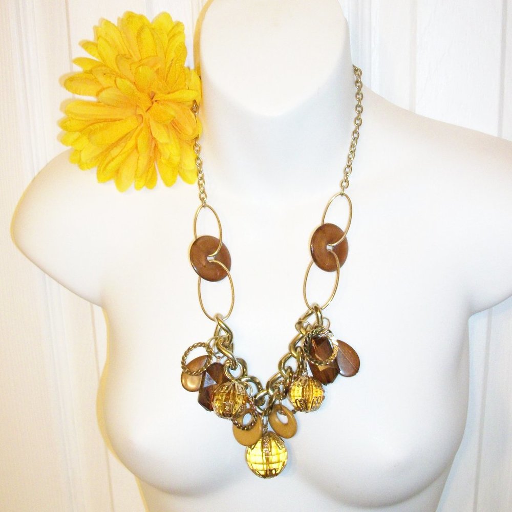 Chico's Beaded Statement Necklace Gold Tone Mixed Link Mixed Hanging Beads/Rings